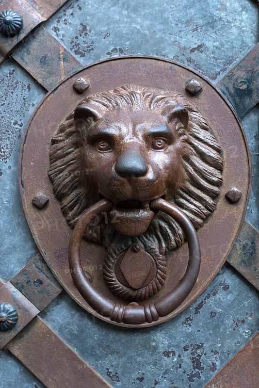 Lion's head as door knocker at the entrance gate of Rabenstein Castle