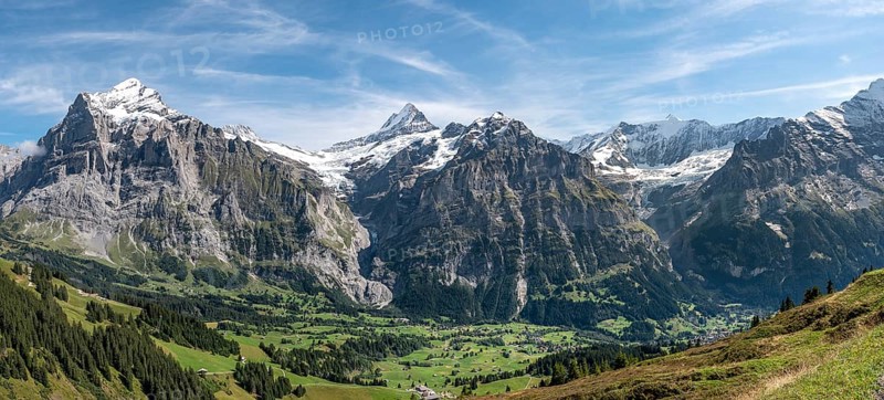 View of snow-covered Fiescherhorn and Wetterhorn