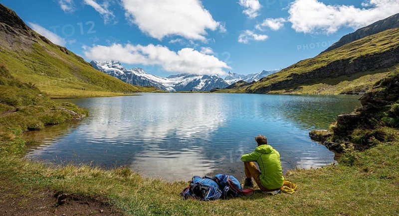 Hiker with backpack at Bachalpsee