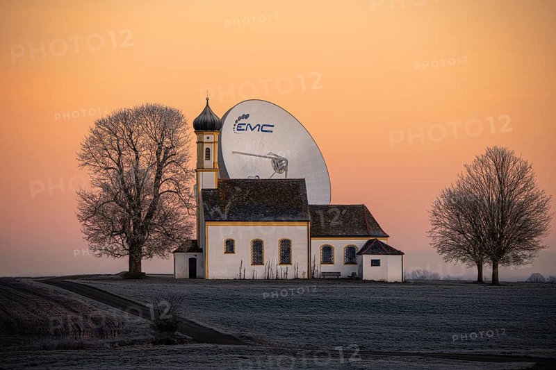Chapel St. Johann with parabolic antenna at blue hour