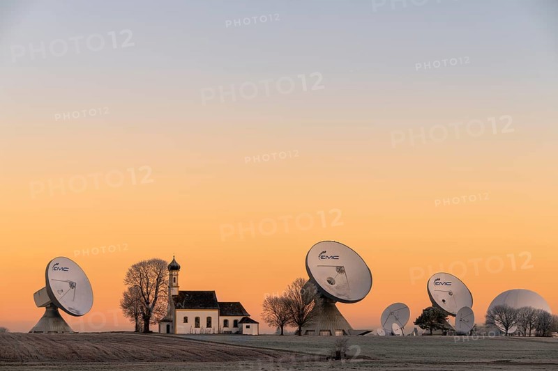 Chapel St. Johann with parabolic antenna at blue hour