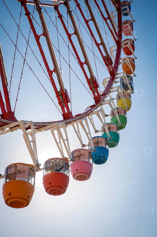 Colorful gondolas in front of a blue sky