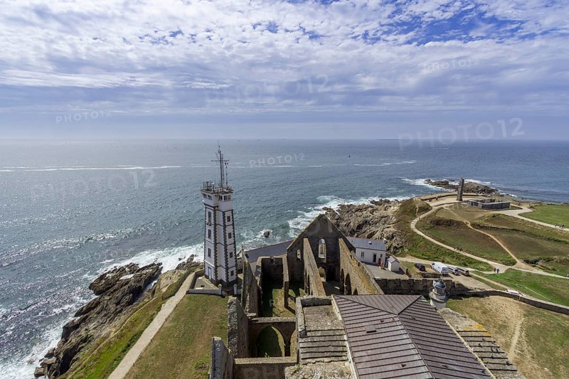 View from the lighthouse Saint Mathieu to the military lighthouse and the abbey ruins
