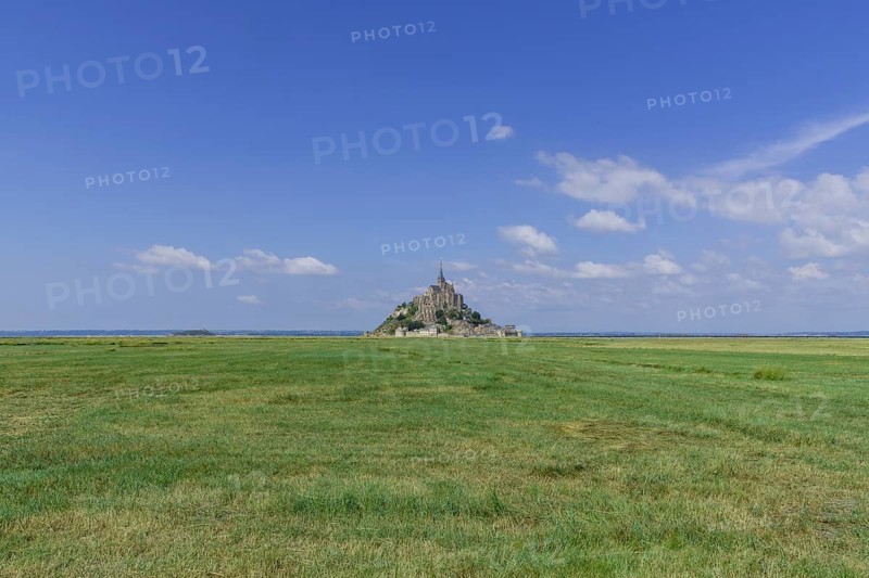 View over salt marshes to the Mont-Saint-Michel