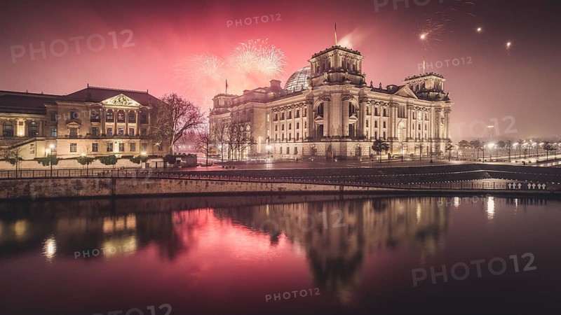 Reichstag bank with fireworks on New Year's Eve