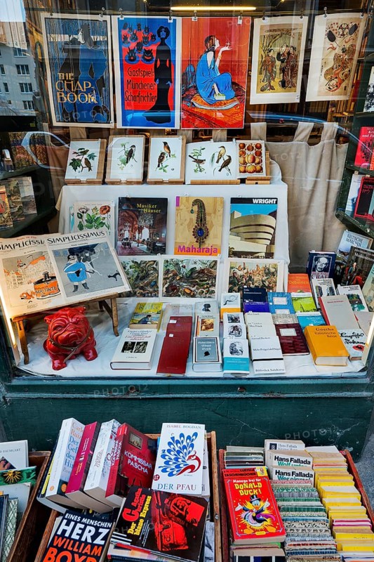 Shop window of an antiquarian bookstore in the Tuerkenstrasse