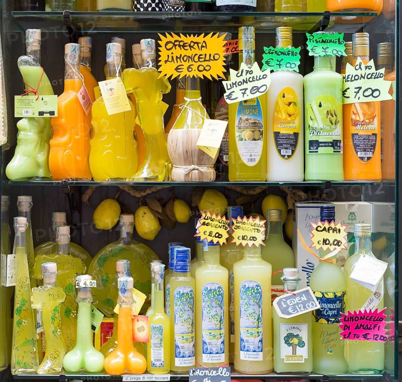 Limoncello liquor in souvenir bottles on display