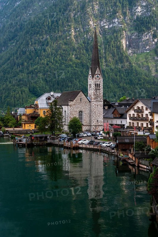 Village view Hallstatt with church