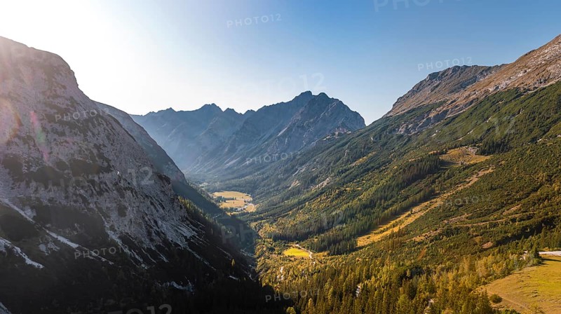 View of the Karwendel valley with the mountain peaks Karwendelspitze and Hochkarspitze