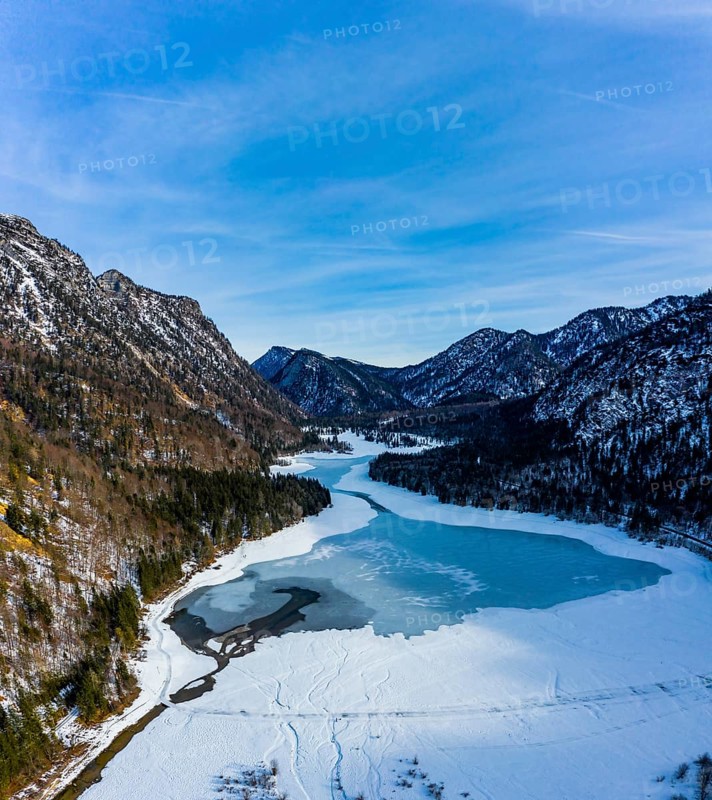 Aerial view of the snow-covered Weitsee and Loedensee