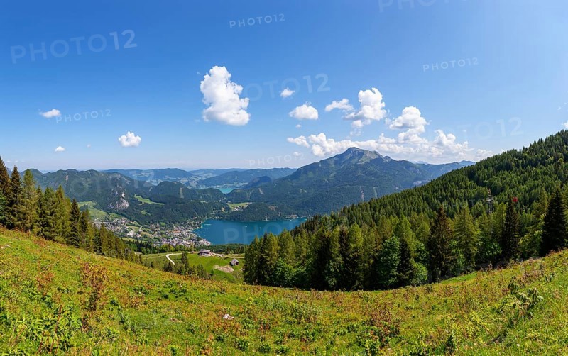 View from the Zwoelferhorn to Sankt Gilgen am wolgangsee and Schafberg