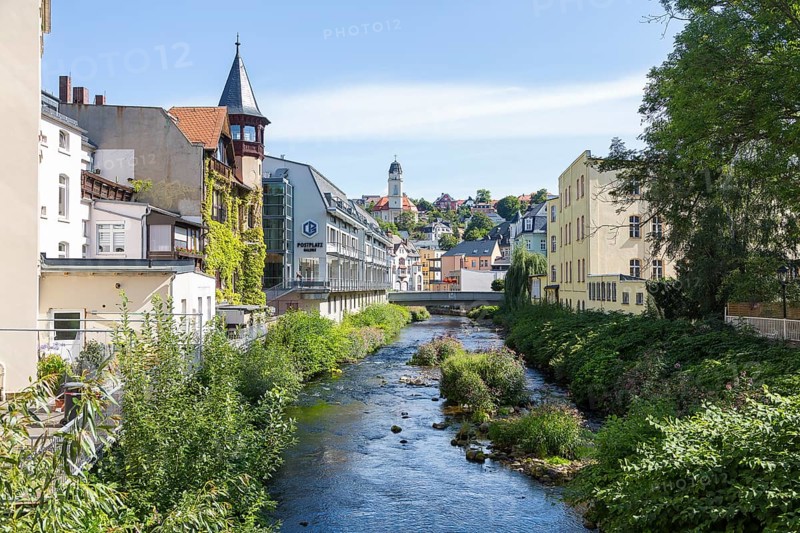 City view with Zwickauer Mulde and Friedenskirche