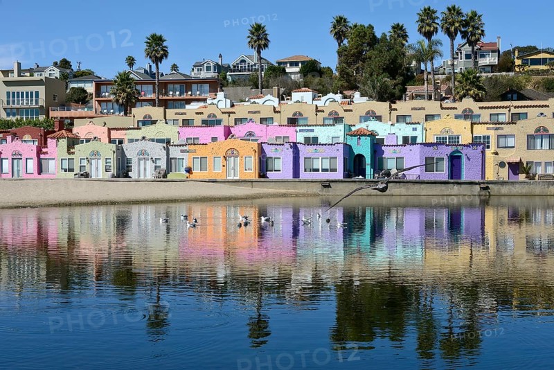 The colorful houses of the Venetian Hotel on the beach of Capitola Beach