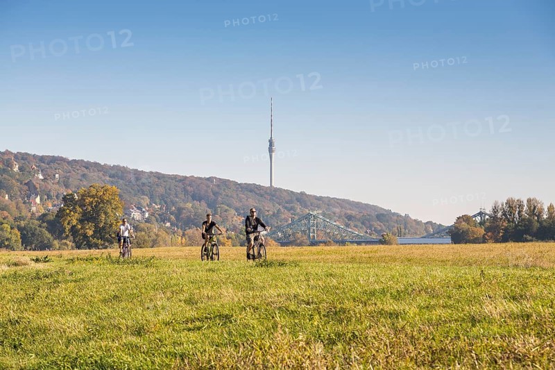 Cyclists on the Elbe cycle path near the Blue Wonder