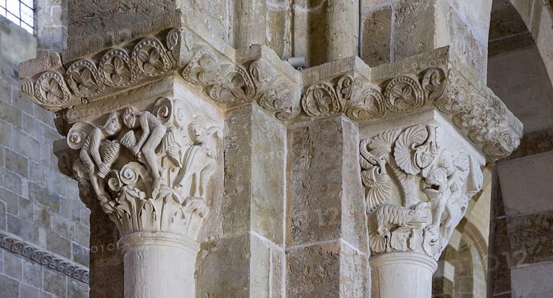 Decorated capitals in the Romanesque Basilica of Sainte-Marie-Madeleine