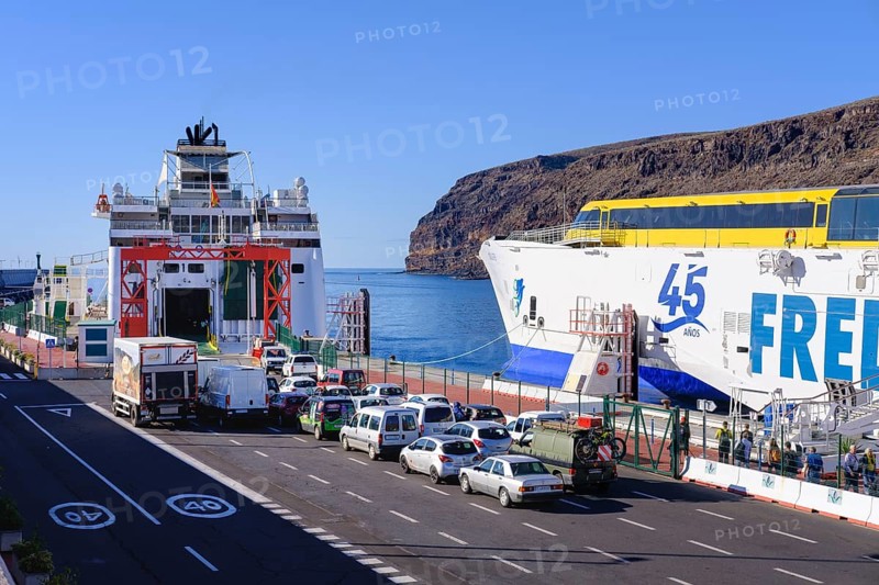 Waiting cars in front of car ferry in the port of San Sebastian de la Gomera