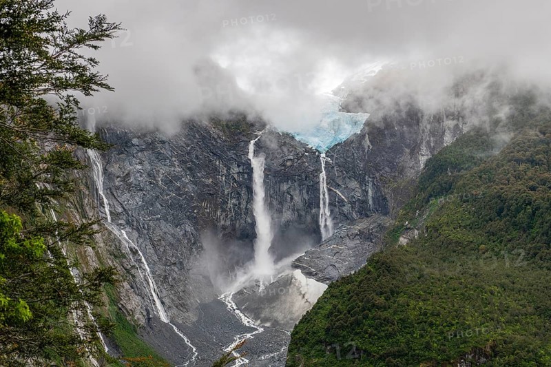 Hanging glacier and waterfalls