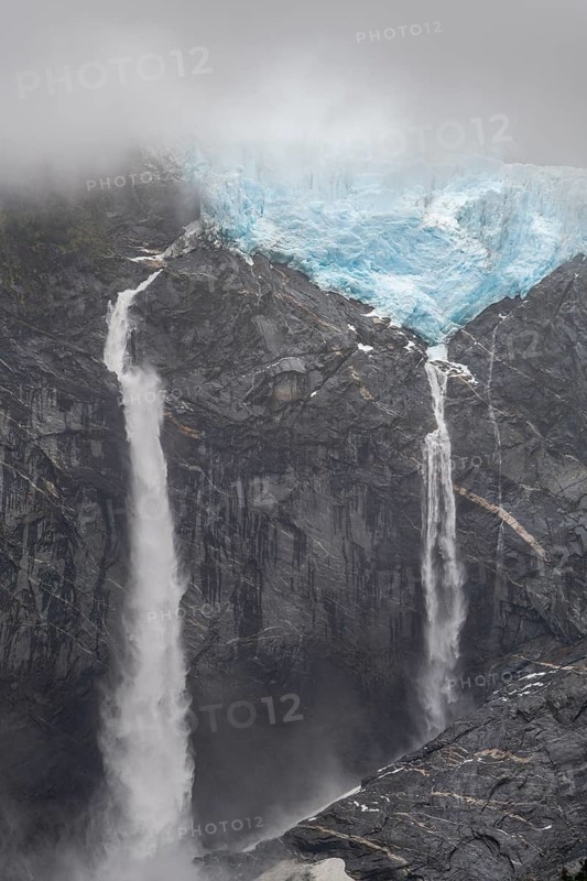 Hanging glacier and waterfalls