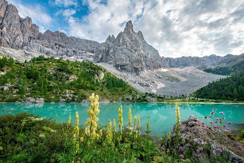 Turquoise-green Sorapis lake with flowers