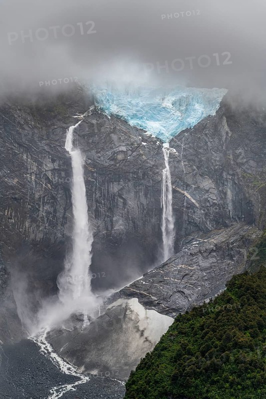 Hanging glacier and waterfalls