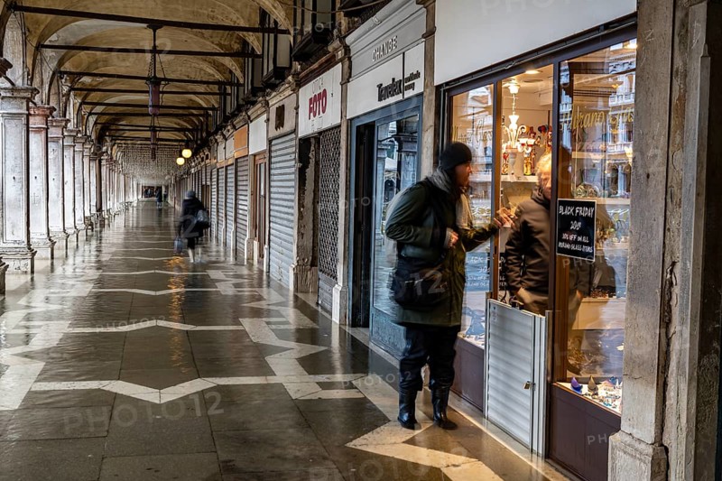 St. Mark's Square shops are protected from water during Acqua alta