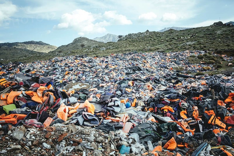 Life jackets of refugees at the garbage dump near Molivos