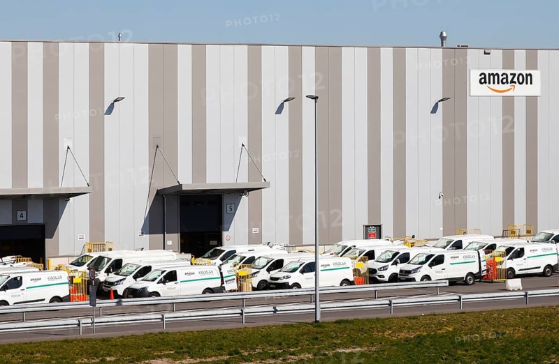 Amazon logistics centre with vans from parcel delivery company Onway Logistics