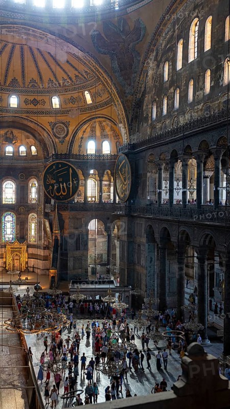 Crowds of people inside the Hagia Sophia