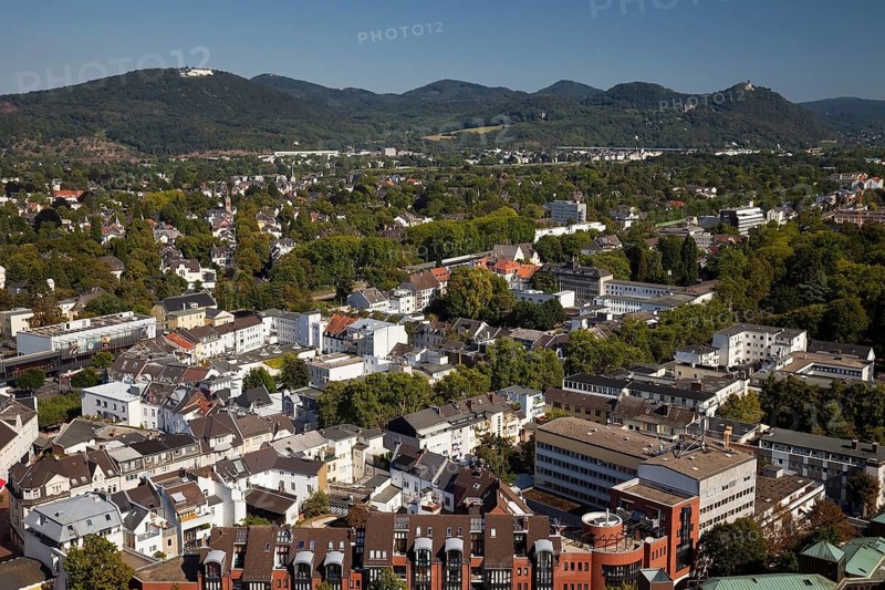 Panoramic view from the Godesburg Castle to the district Bad Godesberg in direction Siebengebirge