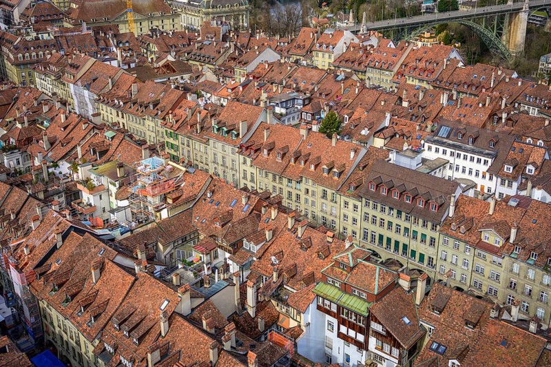 View from Bern Cathedral to the red tiled roofs of the houses in the historic centre of the old town