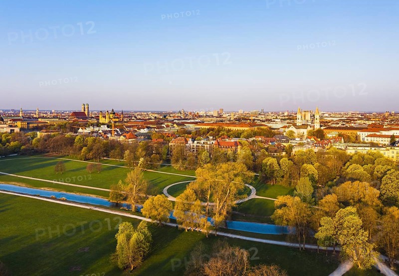 English garden with Schwabinger Bach in the morning light