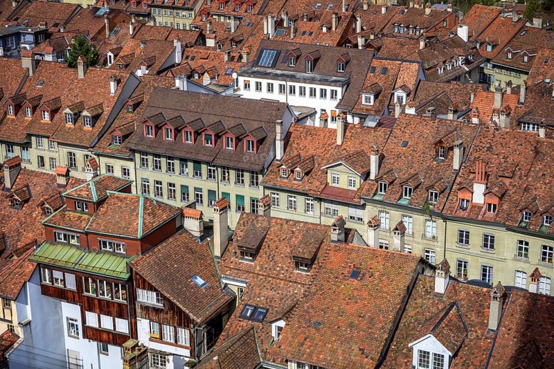 View from Bern Cathedral to the red tiled roofs of the houses in the historic centre of the old town