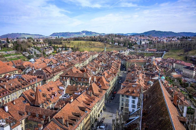 View from Bern Cathedral to the red tiled roofs of the houses in the historic centre of the old town