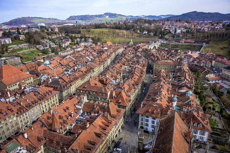 View from Bern Cathedral to the red tiled roofs of the houses in the historic centre of the old town