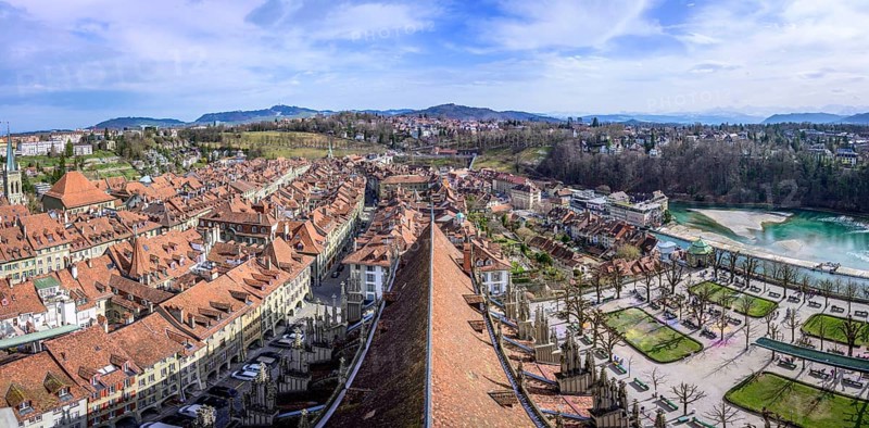 View from Bern Cathedral to the red tiled roofs of the houses in the historic centre of the old town