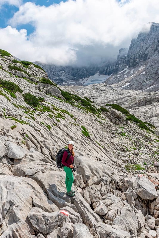 Mountaineer on marked route from Simonyhuette to Adamekhuette