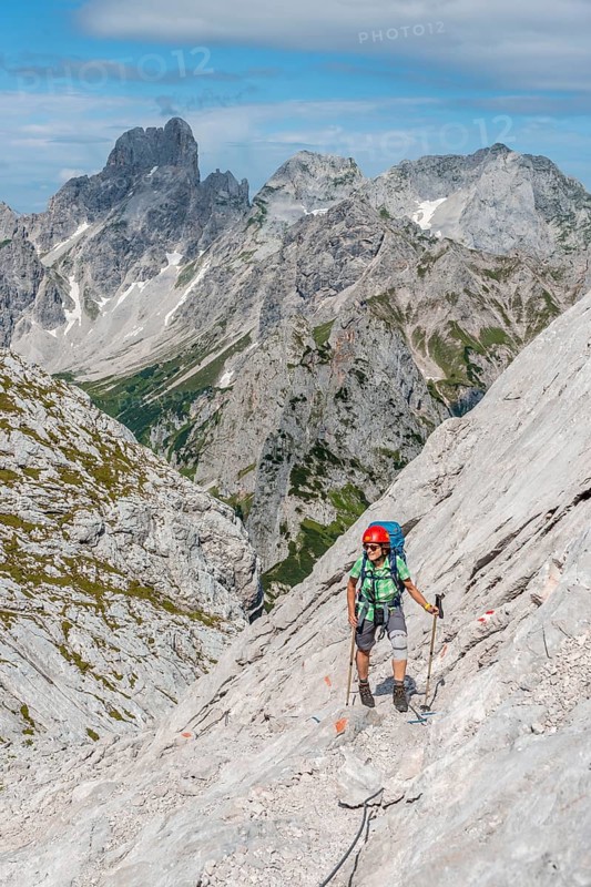 Mountaineer on marked route from Simonyhuette to Adamekhuette