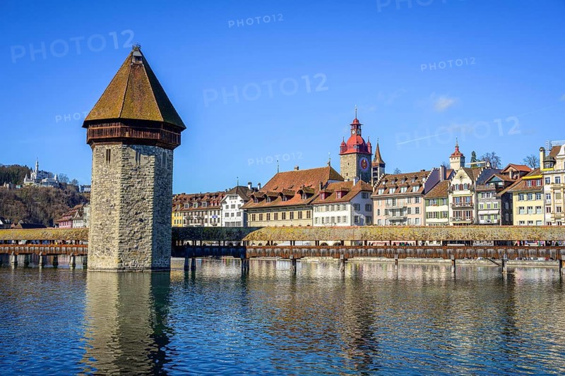 Panoramic view over the river Reuss to the Chapel Bridge and Water Tower