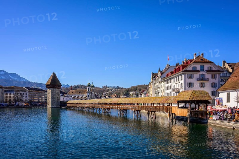 View over the river Reuss to the Chapel Bridge