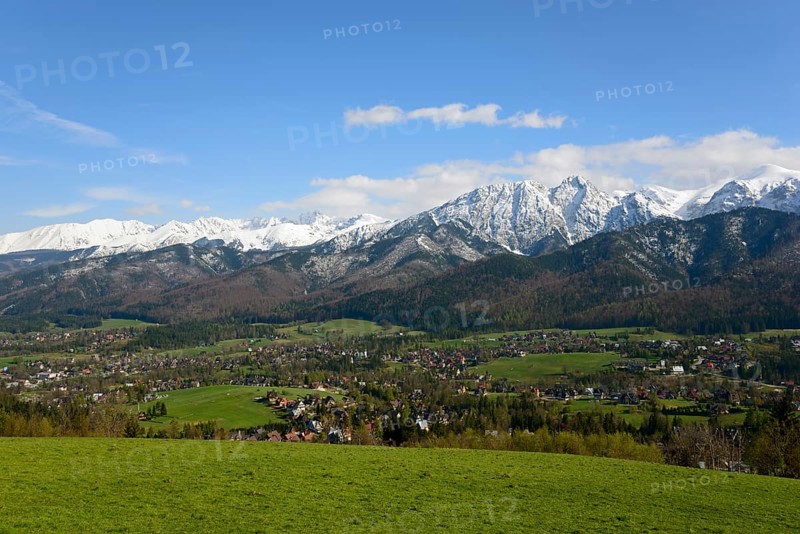 View of Zakopane and snowy mountains of the High Tatras