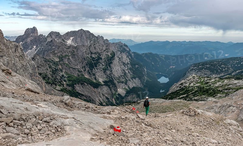 Hiker on marked hiking trail from Simonyhuette to Adamekhuette