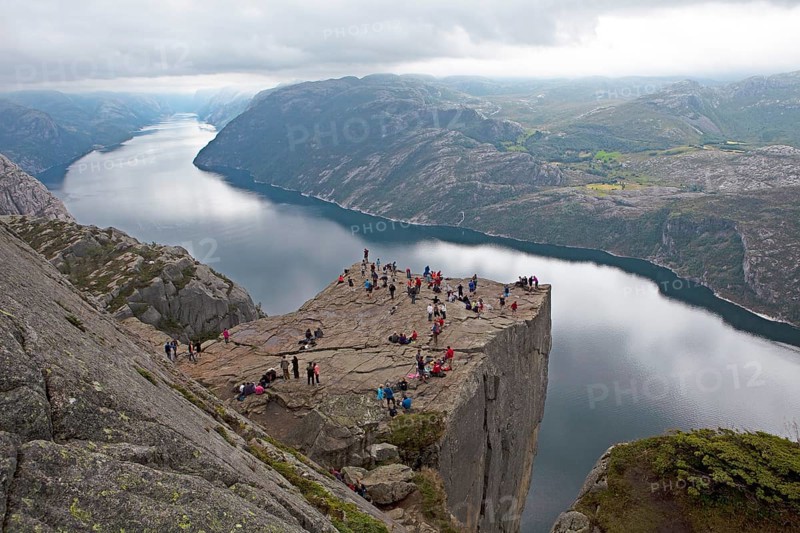 Many tourists at Preikestolen on the Lysefjord