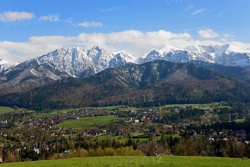 View of Zakopane and snowy mountains of the High Tatras