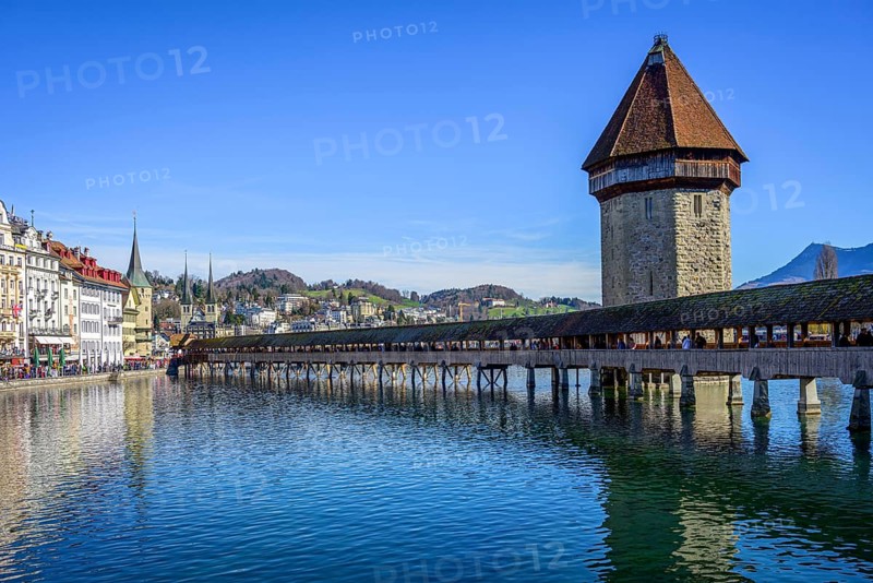 Panoramic view over the river Reuss to the Chapel Bridge and Water Tower