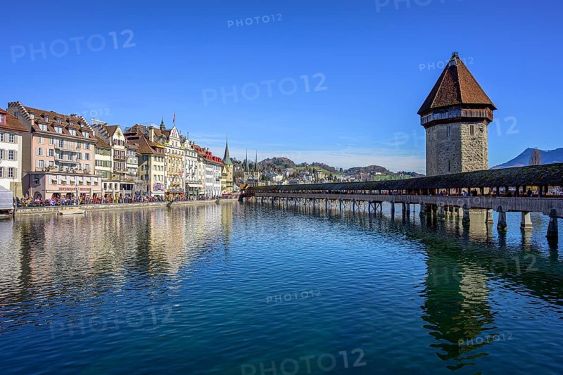 Panoramic view over the river Reuss to the Chapel Bridge and Water Tower
