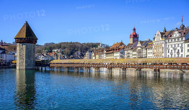 Panoramic view over the river Reuss to the Chapel Bridge and Water Tower