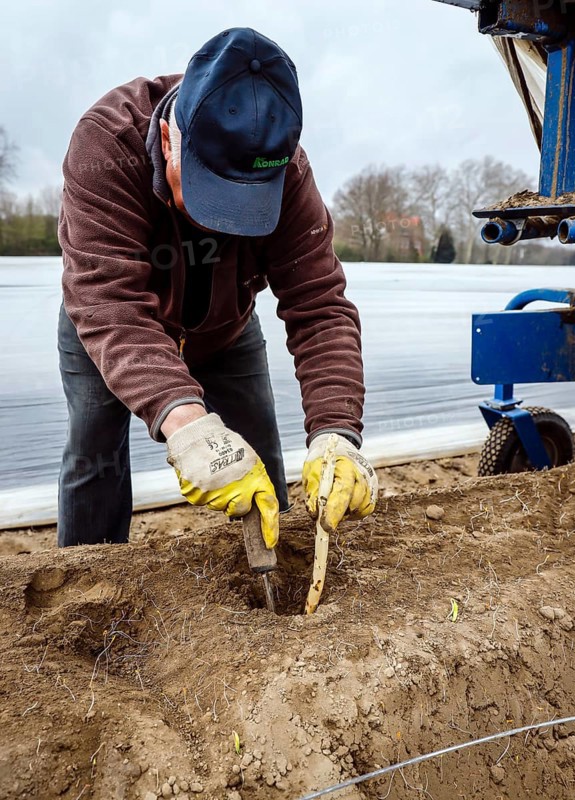 Seasonal workers working on an asparagus field while harvesting asparagus