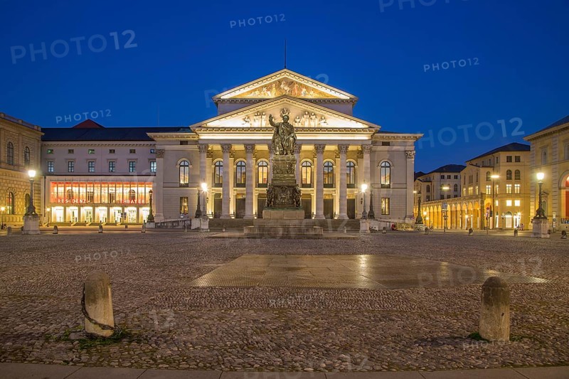 Deserted Max-Joseph-Platz with Bavarian State Opera and statue of King Maximilian I of Bavaria