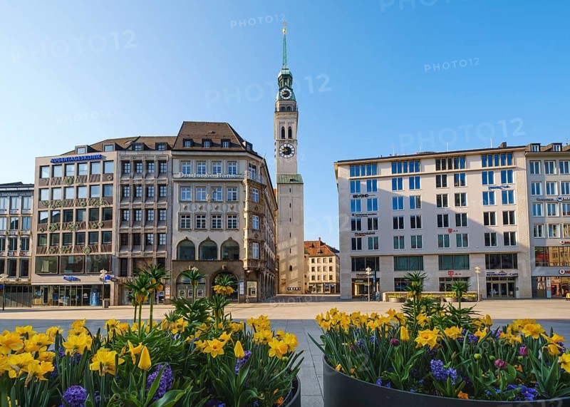 Daffodils in flower pots on Marienplatz