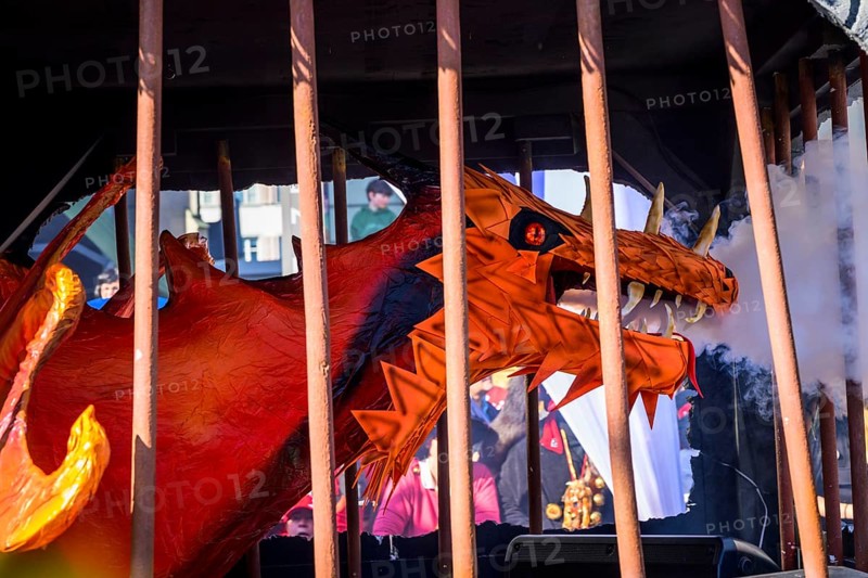 Dragon figure behind bars, Carnival procession of the Wey Guild on Rosenmontag